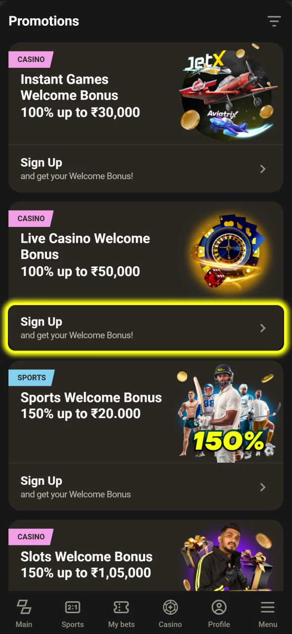 Choose the Parimatch sign-up bonus that suits you.