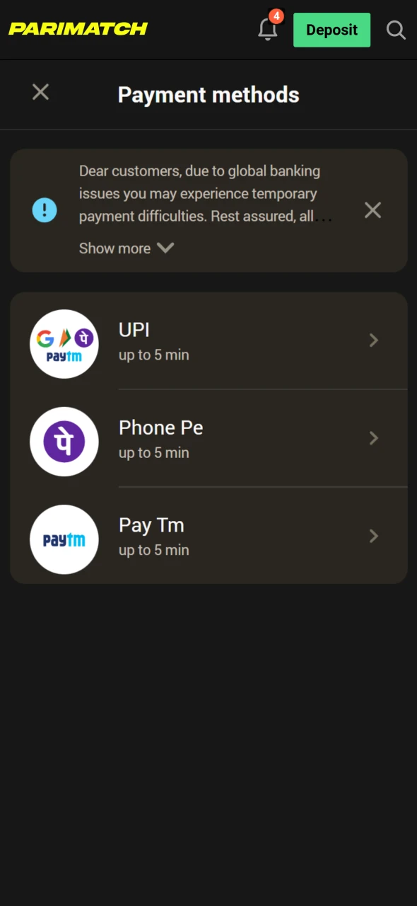 Choose between available deposit options at Parimatch.