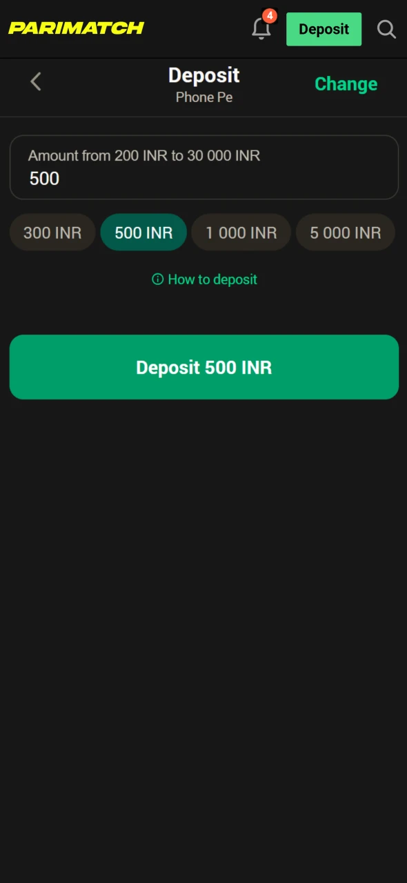 Enter the deposit amount and confirm Parimatch payment.
