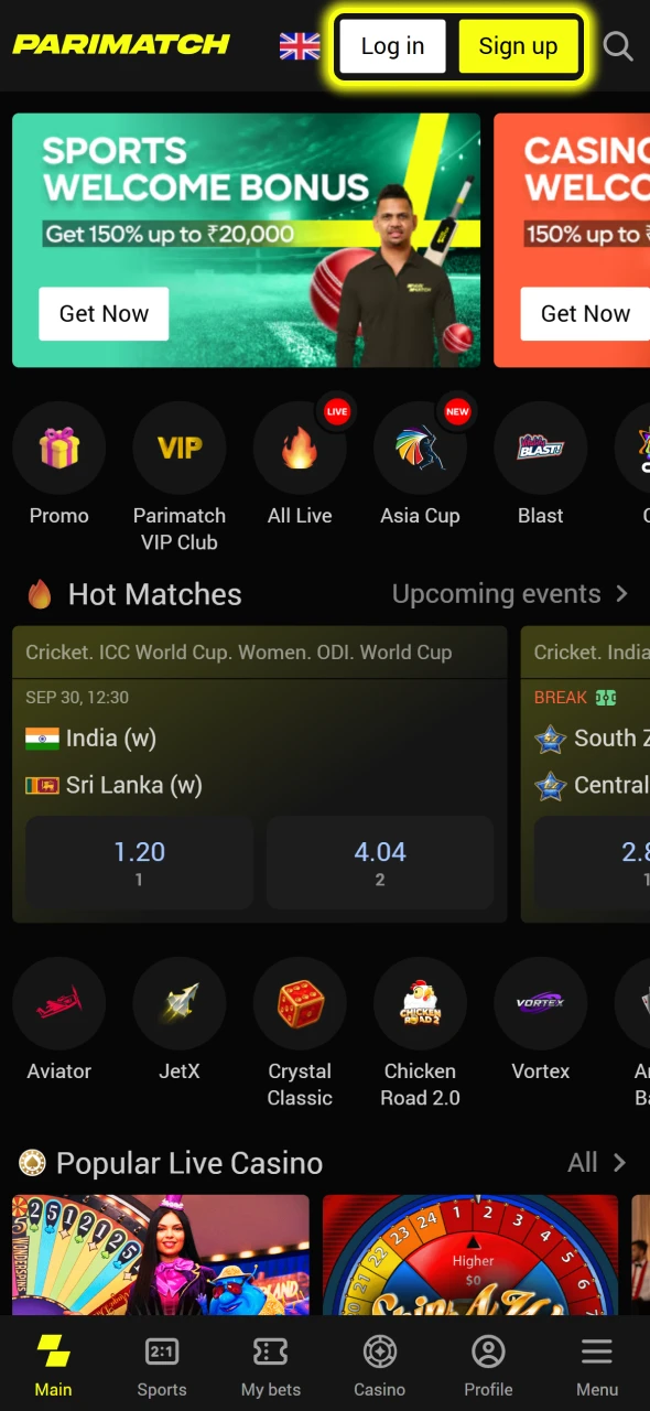 Log into your account at Parimatch official platform.