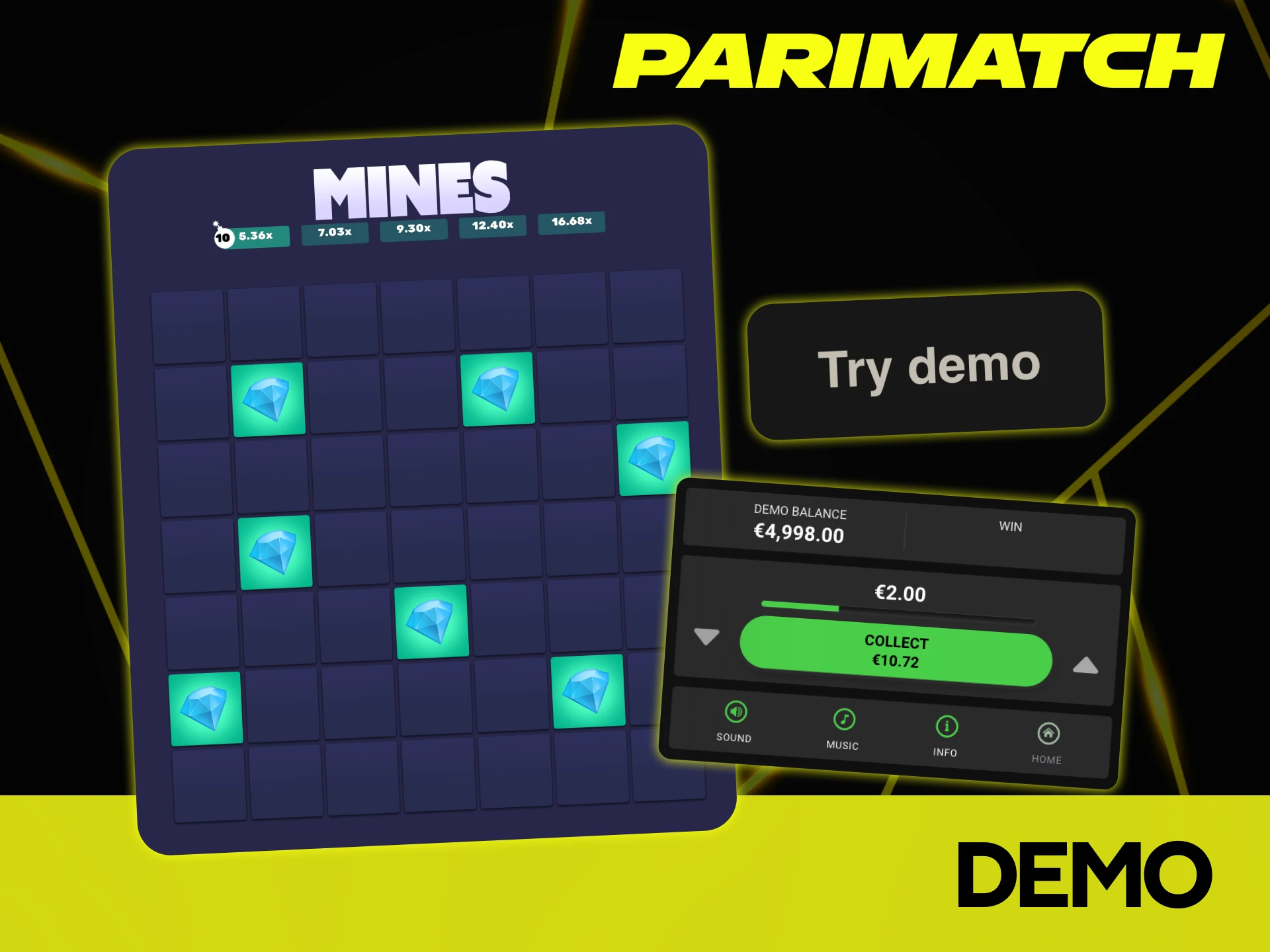 Try Parimatch Mines demo version before playing for real money.