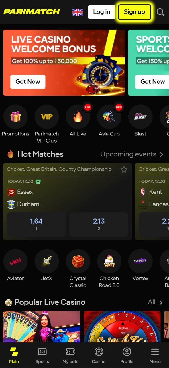 Press the yellow button to start Parimatch registering.