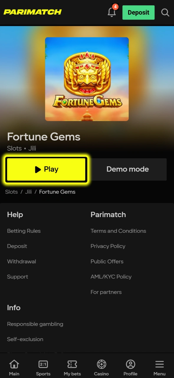 Click the Play button to launch the exciting Fortune Gems slot game on Parimatch.