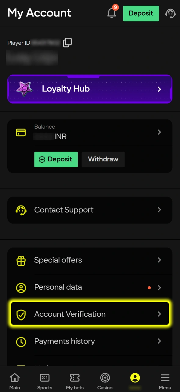 Navigate to the account verification section to secure your profile before playing Money 5 at Parimatch.
