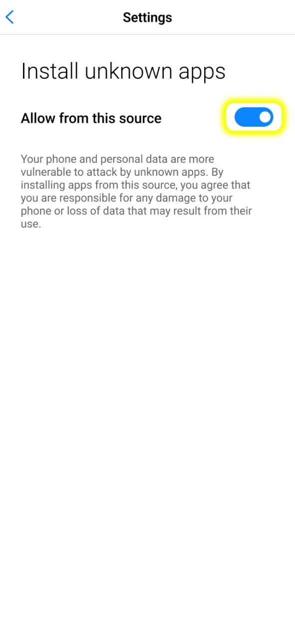 Enable the Allow from this source toggle in your settings to install Parimatch on Android.