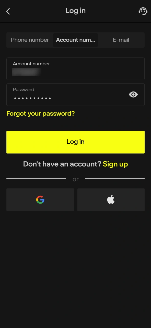 Enter your account number and password to log in to the Parimatch mobile app.