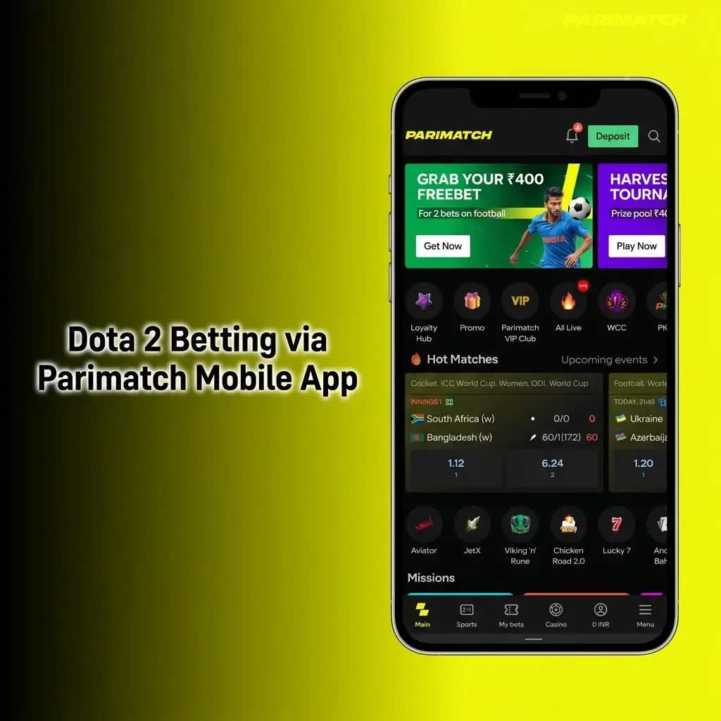 Parimatch mobile app showing Dota 2 betting markets with live and pre-match wagering options for Indian users.