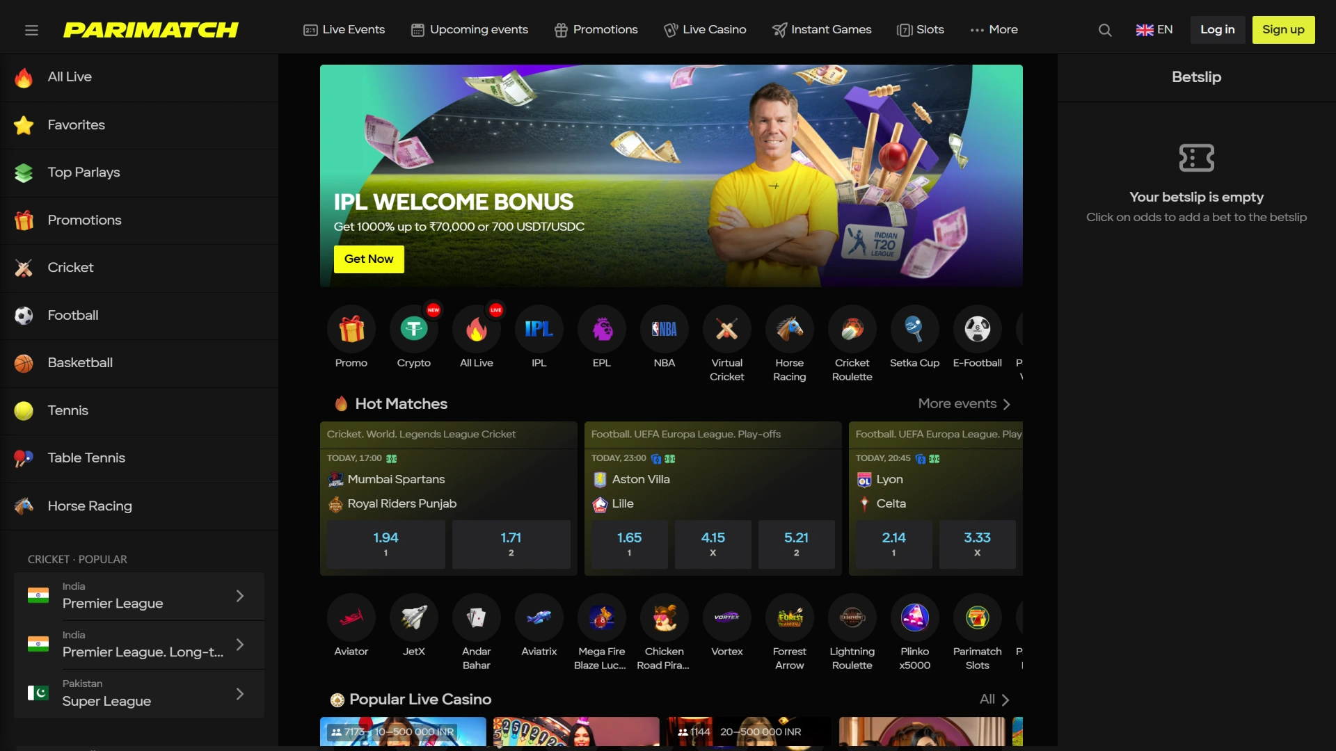 Access the Parimatch main page for IPL betting and popular live casino games.