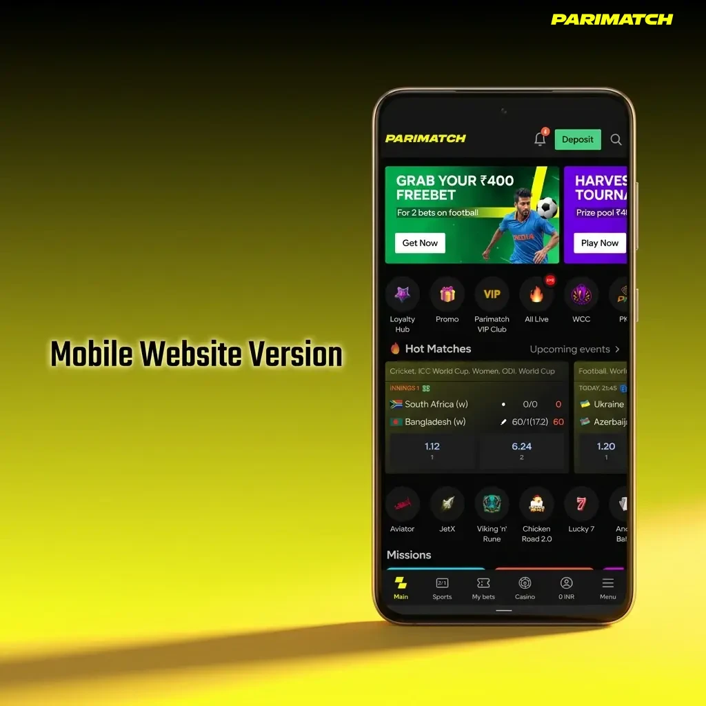 Parimatch mobile website on smartphone browser showing full platform access with responsive design for Indian users.